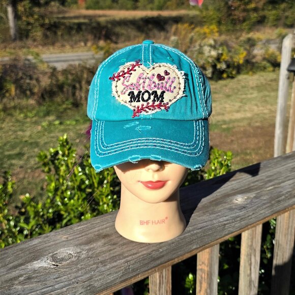 Ladies Turquoise Softball Mom BLING Hat NEW No Tags - Picture 1 of 4